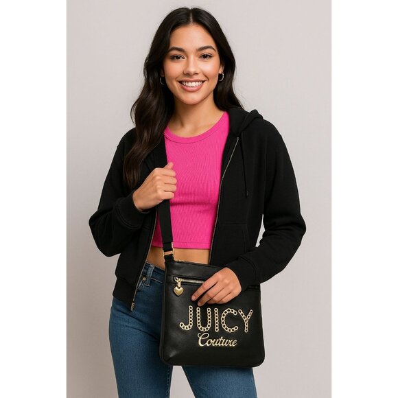 JUICY COUTURE Blk Chain Logo Crossbody Gold Hardware Gothic Monogram Lining Y2K - Picture 3 of 10